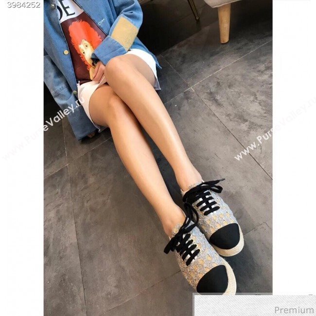 Chanel Woven Lace-Up Espadrilles Sneakers G34424 Light Grey/Gold 2018 (EM-9030935)