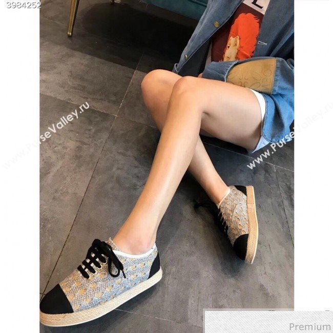 Chanel Woven Lace-Up Espadrilles Sneakers G34424 Light Grey/Gold 2018 (EM-9030935)
