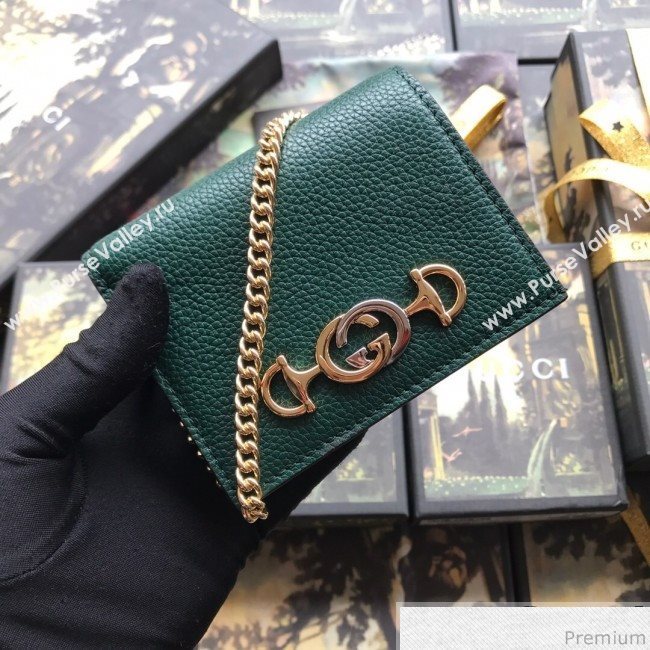Gucci Zumi Grainy Leather Card Case on Chain 570660 Green (JM-9041227)