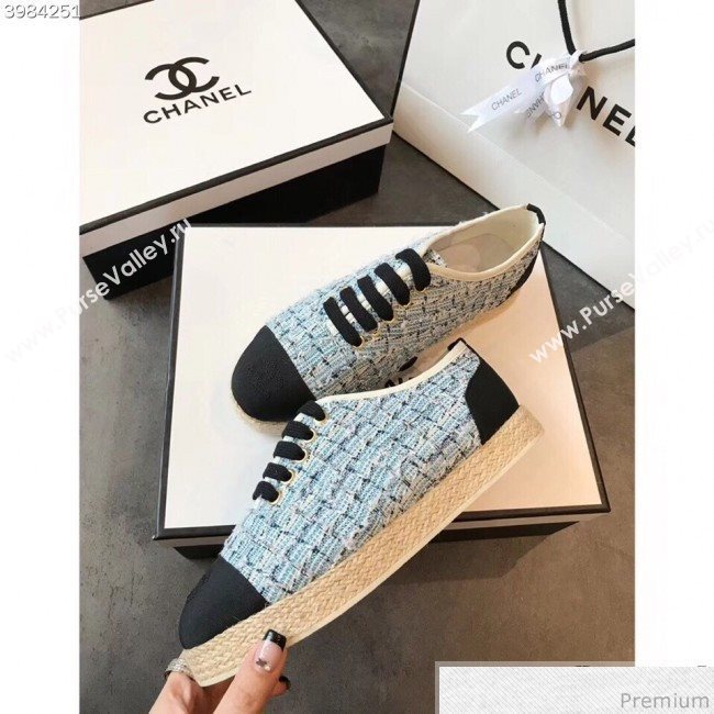 Chanel Tweed Lace-Up Espadrilles Sneakers G34424 Blue/Black 2018 (EM-9030936)