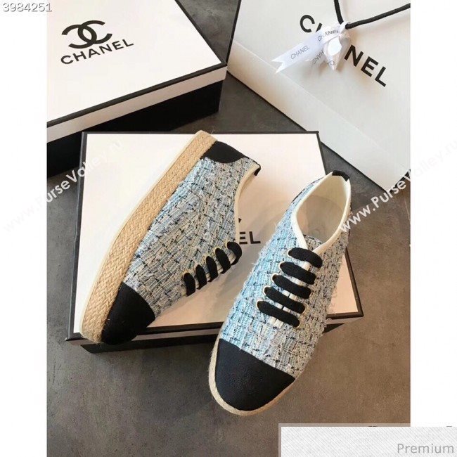 Chanel Tweed Lace-Up Espadrilles Sneakers G34424 Blue/Black 2018 (EM-9030936)