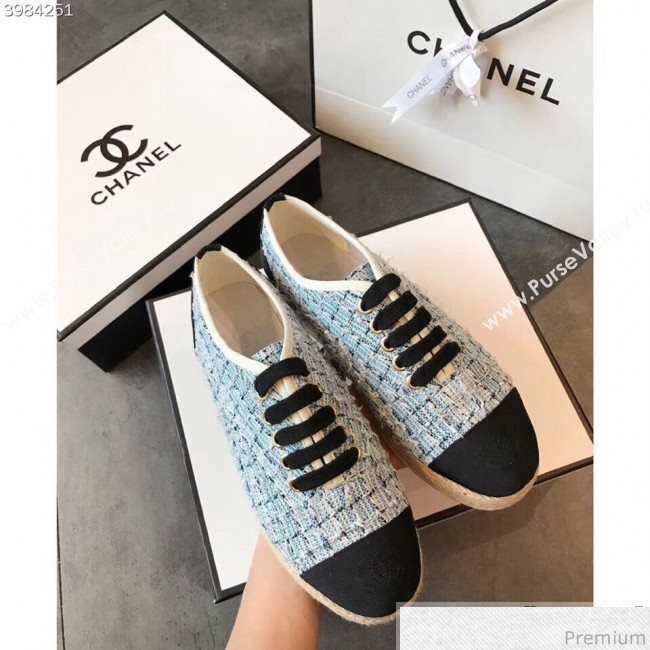 Chanel Tweed Lace-Up Espadrilles Sneakers G34424 Blue/Black 2018 (EM-9030936)