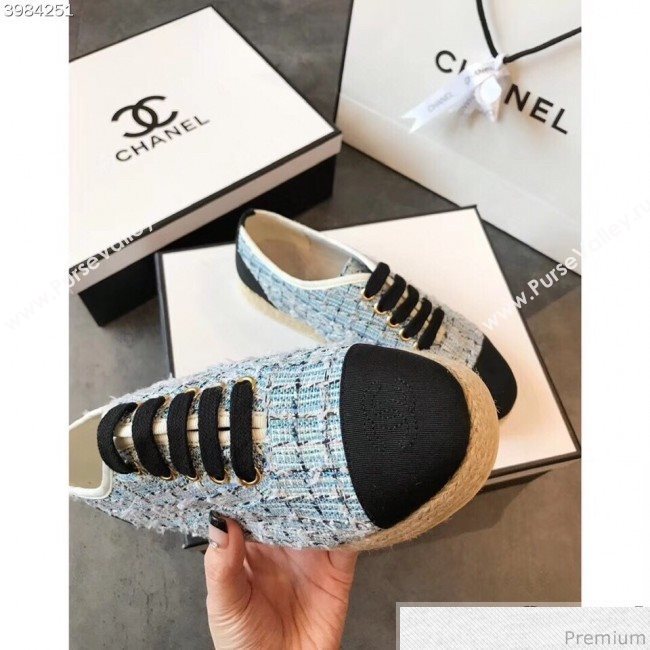 Chanel Tweed Lace-Up Espadrilles Sneakers G34424 Blue/Black 2018 (EM-9030936)