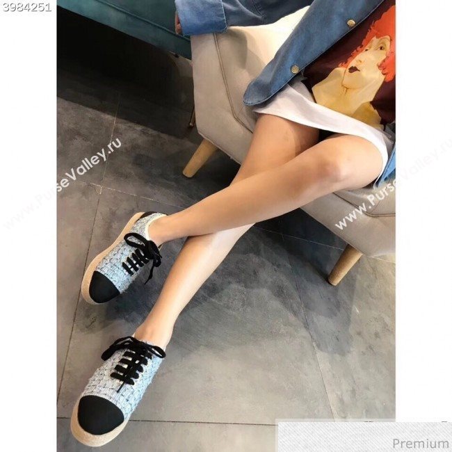Chanel Tweed Lace-Up Espadrilles Sneakers G34424 Blue/Black 2018 (EM-9030936)