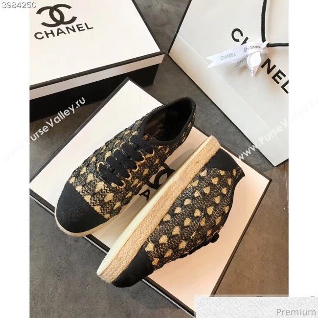 Chanel Woven Lace-Up Espadrilles Sneakers G34424 Black/Gold 2018 (EM-9030937)