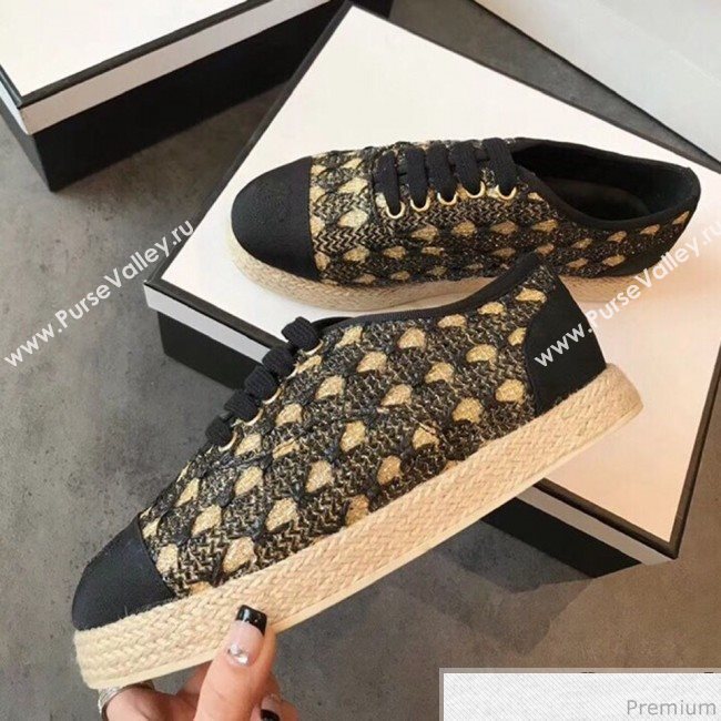 Chanel Woven Lace-Up Espadrilles Sneakers G34424 Black/Gold 2018 (EM-9030937)