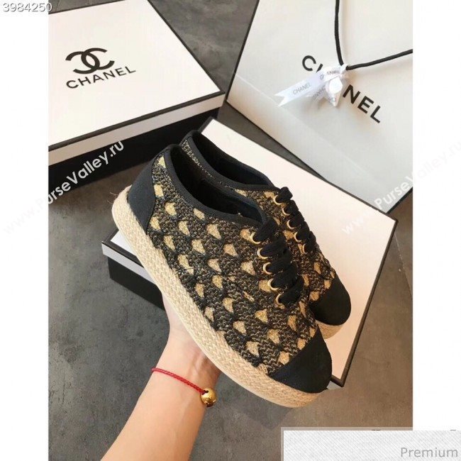 Chanel Woven Lace-Up Espadrilles Sneakers G34424 Black/Gold 2018 (EM-9030937)