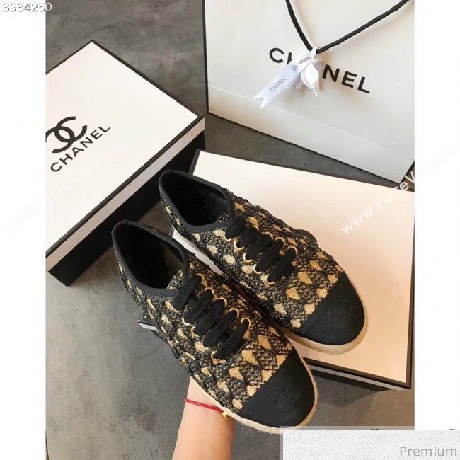 Chanel Woven Lace-Up Espadrilles Sneakers G34424 Black/Gold 2018 (EM-9030937)