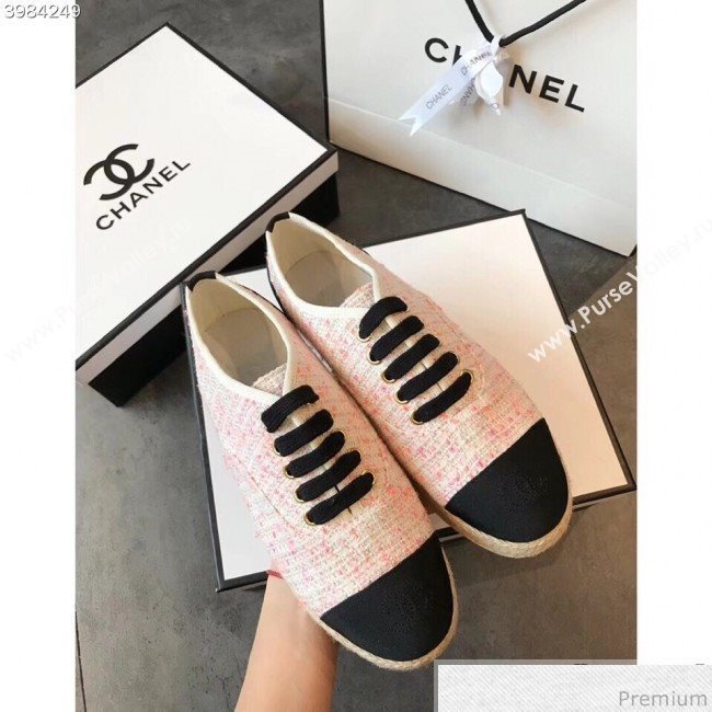 Chanel Tweed Lace-Up Espadrilles Sneakers G34424 Pink/Black 2018 (EM-9030938)
