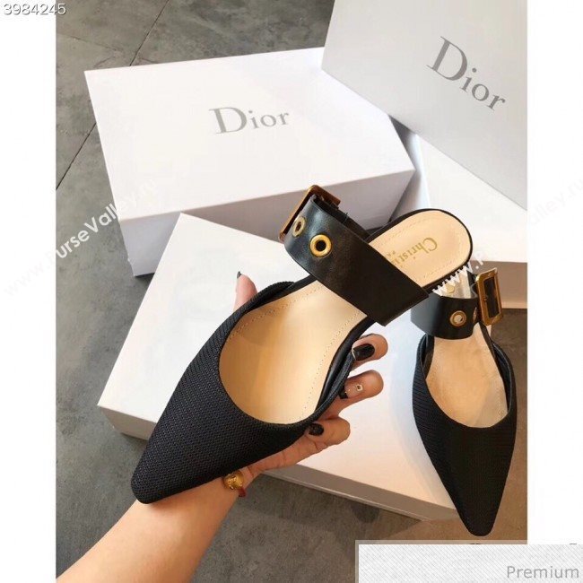 Dior Flat Leather Buckle Band Mules in Black Technical Canvas 2019 (EM-9030939)