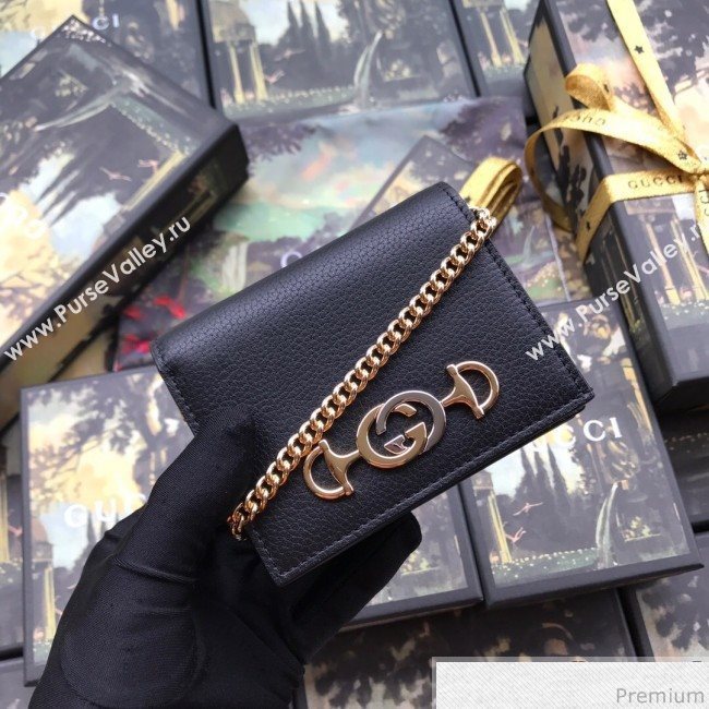 Gucci Zumi Grainy Leather Card Case on Chain 570660 Black (JM-9041226)