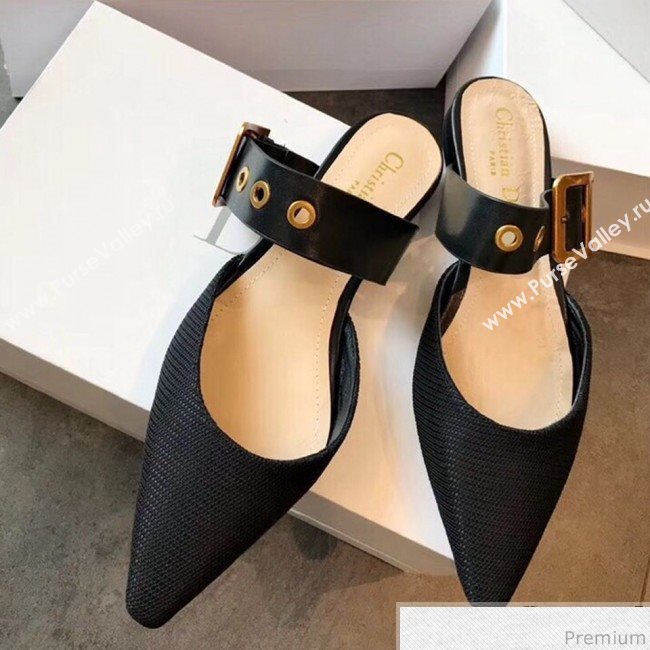 Dior Flat Leather Buckle Band Mules in Black Technical Canvas 2019 (EM-9030939)