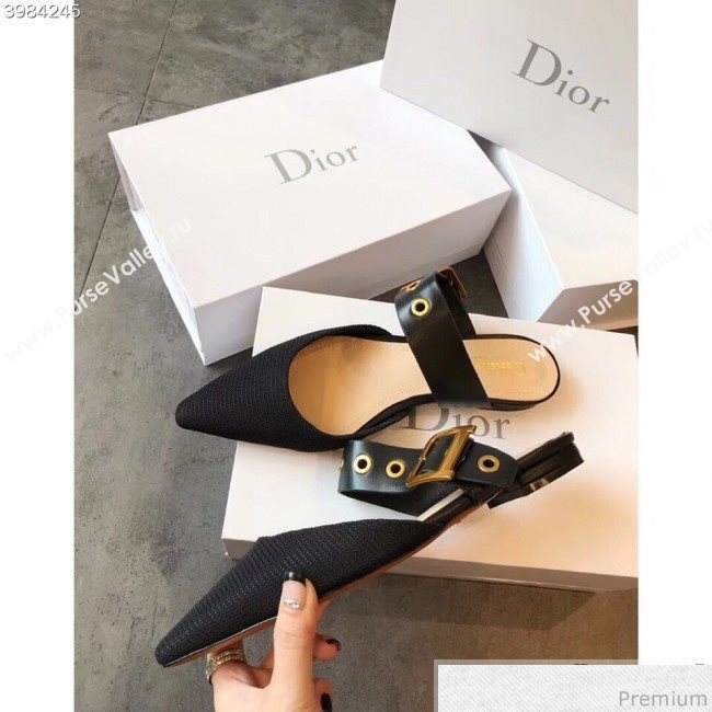 Dior Flat Leather Buckle Band Mules in Black Technical Canvas 2019 (EM-9030939)