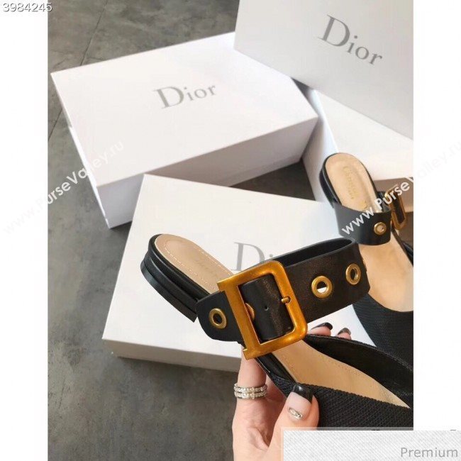 Dior Flat Leather Buckle Band Mules in Black Technical Canvas 2019 (EM-9030939)