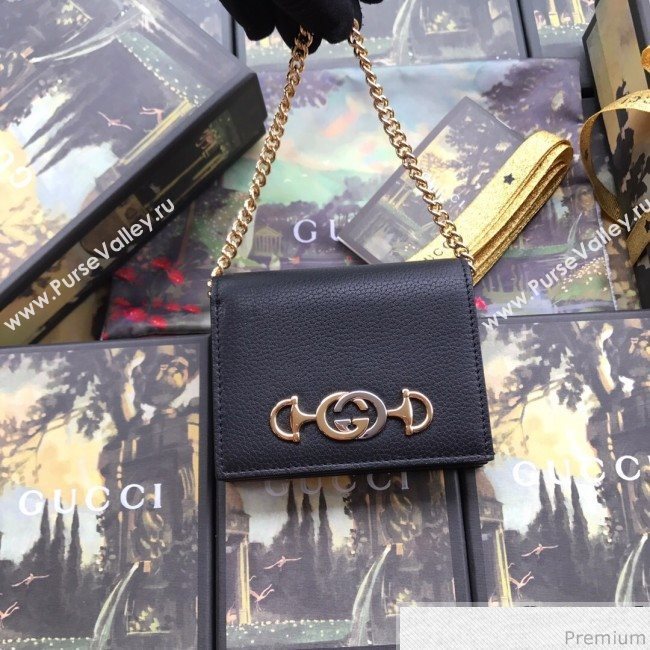 Gucci Zumi Grainy Leather Card Case on Chain 570660 Black (JM-9041226)