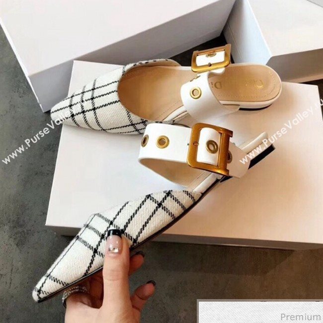 Dior Flat Leather Buckle Band Mules in Black and White Plaid 2019 (EM-9030940)