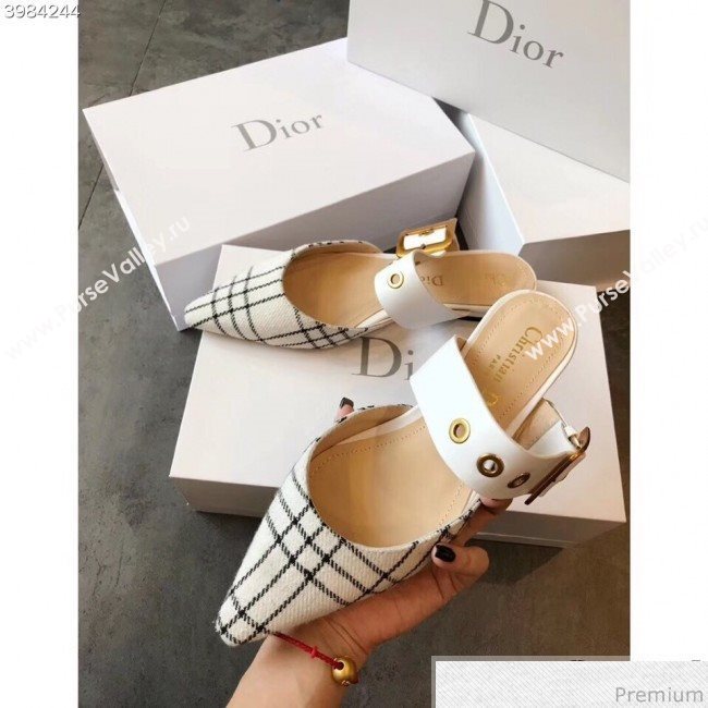 Dior Flat Leather Buckle Band Mules in Black and White Plaid 2019 (EM-9030940)