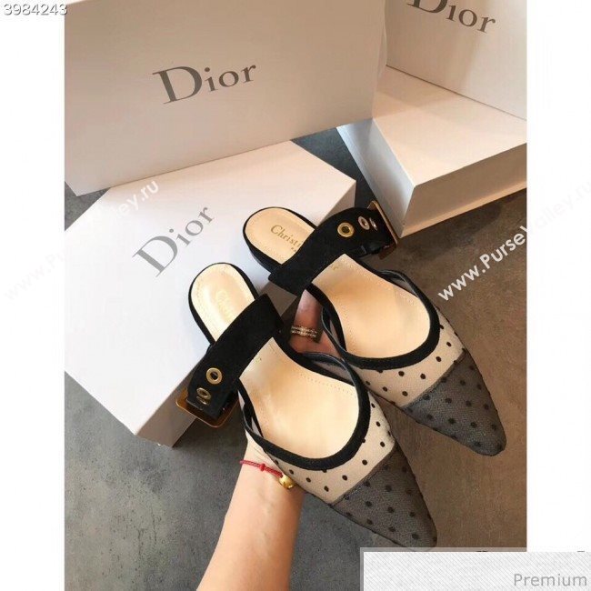 Dior Flat Leather Buckle Band Mules in Nude and Black Dotted Swiss 2019 (EM-9030941)