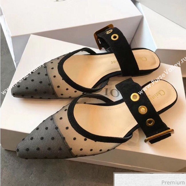 Dior Flat Leather Buckle Band Mules in Nude and Black Dotted Swiss 2019 (EM-9030941)