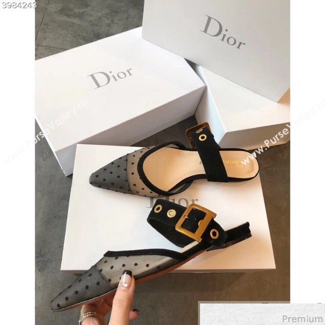 Dior Flat Leather Buckle Band Mules in Nude and Black Dotted Swiss 2019 (EM-9030941)