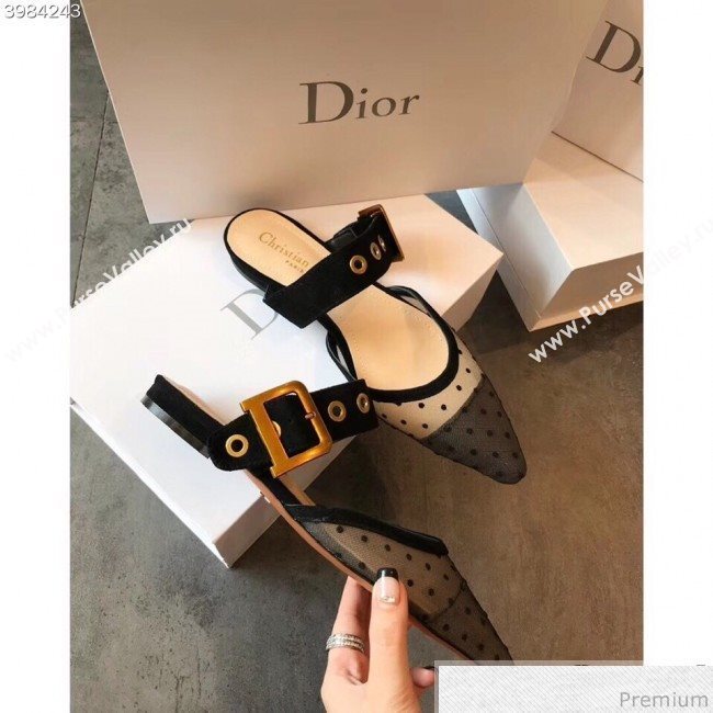 Dior Flat Leather Buckle Band Mules in Nude and Black Dotted Swiss 2019 (EM-9030941)