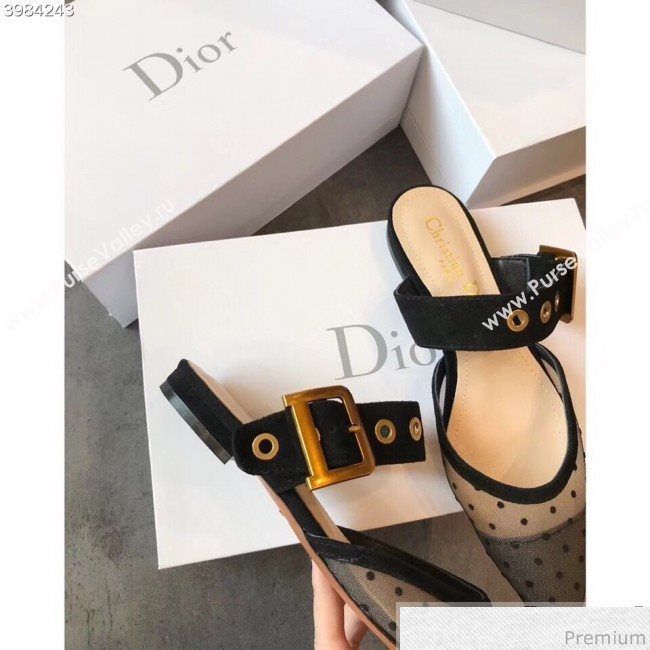 Dior Flat Leather Buckle Band Mules in Nude and Black Dotted Swiss 2019 (EM-9030941)