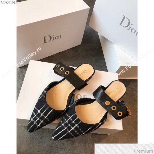 Dior Flat Leather Buckle Band Mules in Black Plaid 2019 (EM-9030942)