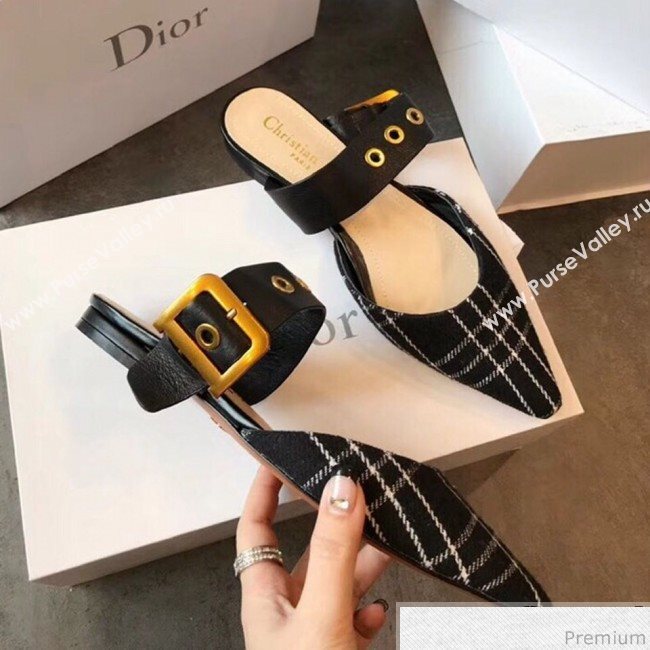 Dior Flat Leather Buckle Band Mules in Black Plaid 2019 (EM-9030942)