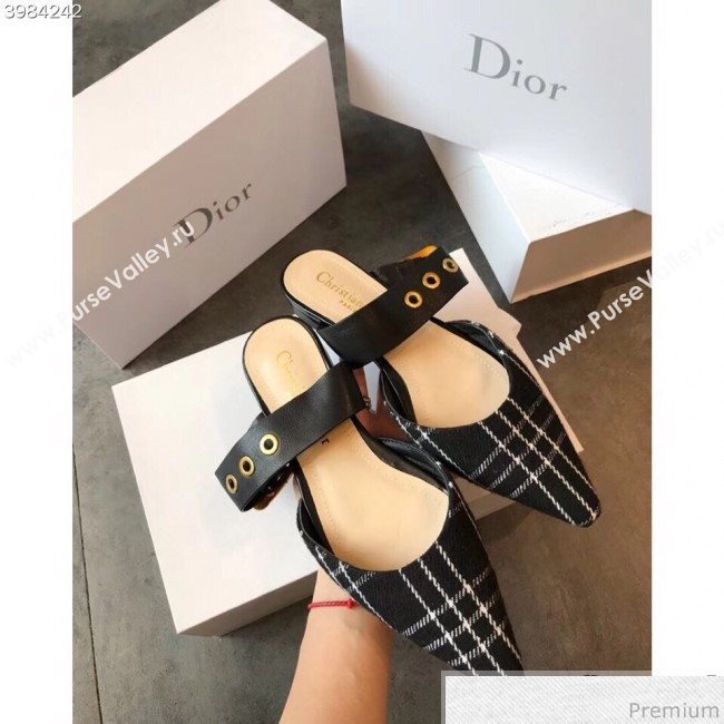 Dior Flat Leather Buckle Band Mules in Black Plaid 2019 (EM-9030942)