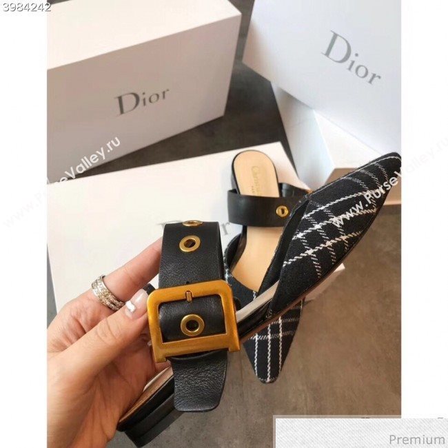 Dior Flat Leather Buckle Band Mules in Black Plaid 2019 (EM-9030942)