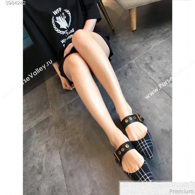 Dior Flat Leather Buckle Band Mules in Black Plaid 2019 (EM-9030942)