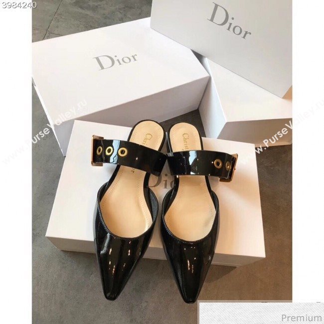 Dior Flat Leather Buckle Band Mules in Black Patent Leather 2019 (EM-9030944)