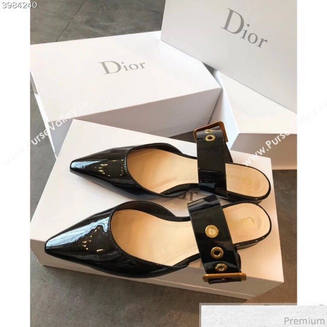 Dior Flat Leather Buckle Band Mules in Black Patent Leather 2019 (EM-9030944)