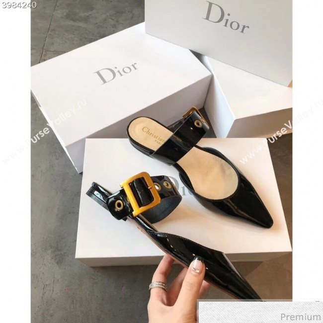 Dior Flat Leather Buckle Band Mules in Black Patent Leather 2019 (EM-9030944)