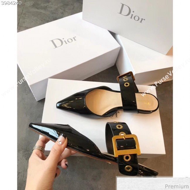 Dior Flat Leather Buckle Band Mules in Black Patent Leather 2019 (EM-9030944)