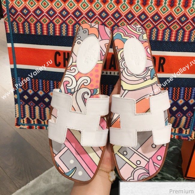 Hermes Oran Slide Flat Sandals on Print Insole White 2019 (KL-9031116)