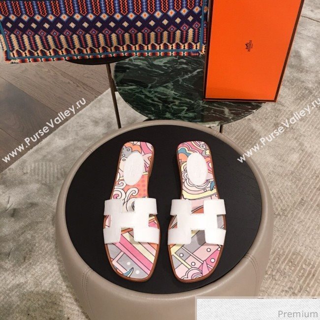 Hermes Oran Slide Flat Sandals on Print Insole White 2019 (KL-9031116)