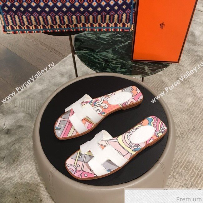 Hermes Oran Slide Flat Sandals on Print Insole White 2019 (KL-9031116)