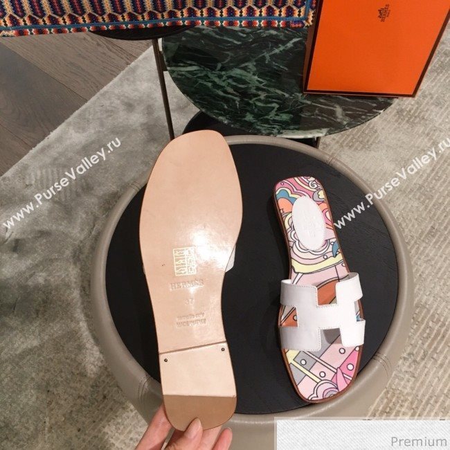 Hermes Oran Slide Flat Sandals on Print Insole White 2019 (KL-9031116)