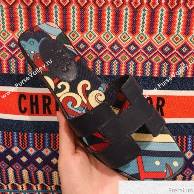 Hermes Oran Slide Flat Sandals on Print Insole Navy Blue 2019 (KL-9031118)