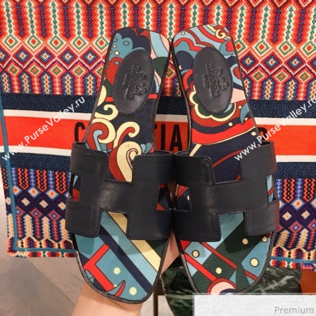 Hermes Oran Slide Flat Sandals on Print Insole Navy Blue 2019 (KL-9031118)