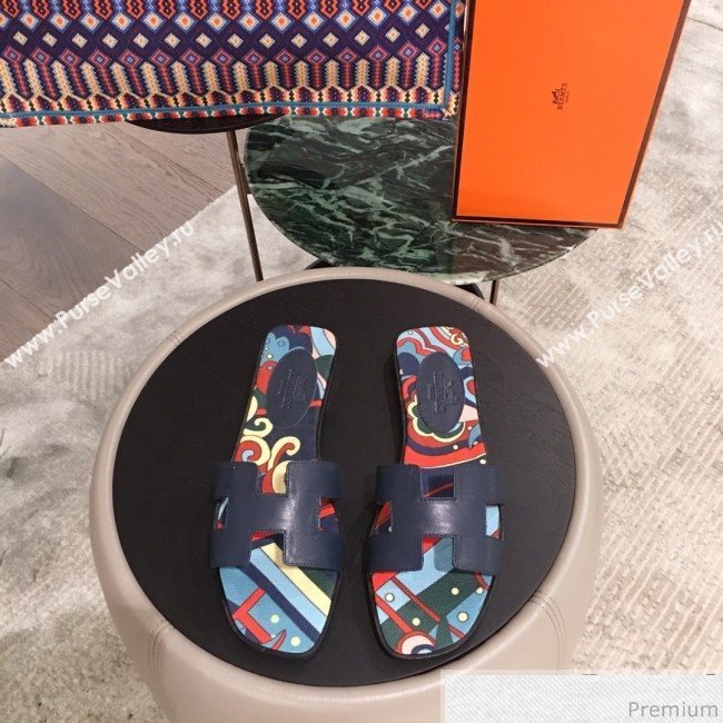 Hermes Oran Slide Flat Sandals on Print Insole Navy Blue 2019 (KL-9031118)