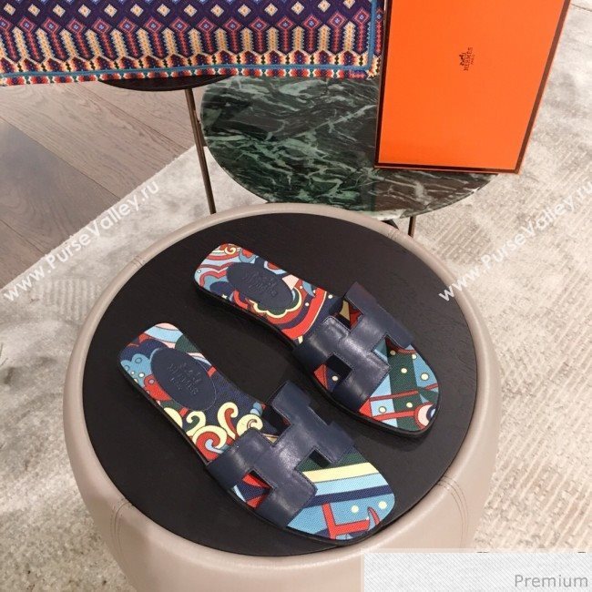 Hermes Oran Slide Flat Sandals on Print Insole Navy Blue 2019 (KL-9031118)