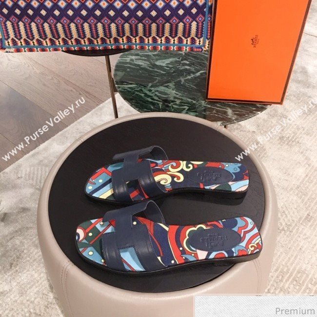 Hermes Oran Slide Flat Sandals on Print Insole Navy Blue 2019 (KL-9031118)