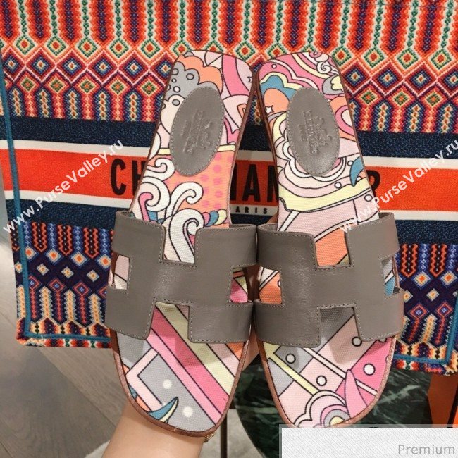 Hermes Oran Slide Flat Sandals on Print Insole Grey 2019 (KL-9031119)