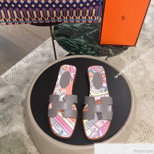 Hermes Oran Slide Flat Sandals on Print Insole Grey 2019 (KL-9031119)