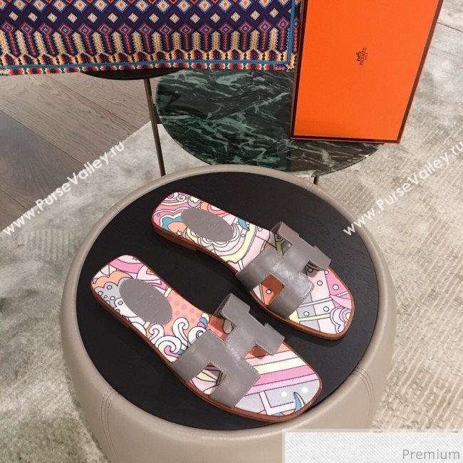 Hermes Oran Slide Flat Sandals on Print Insole Grey 2019 (KL-9031119)