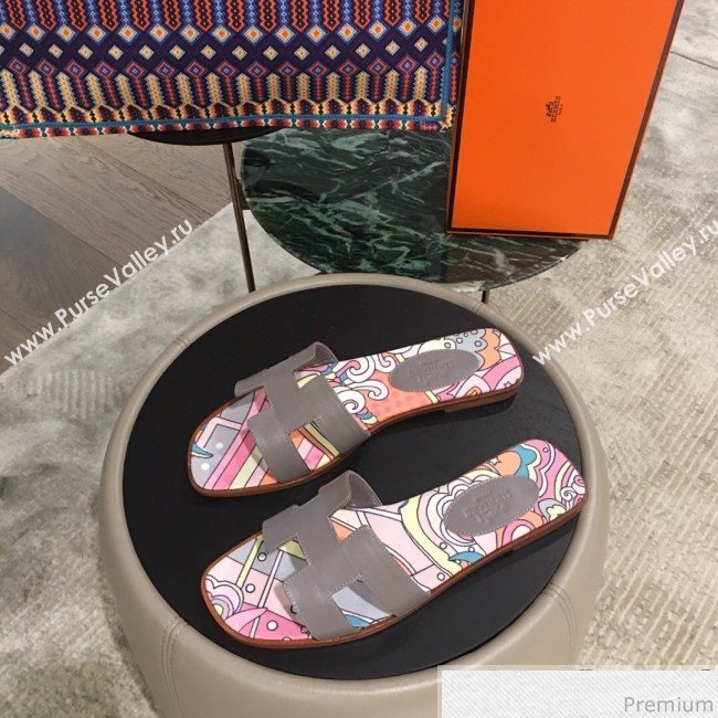 Hermes Oran Slide Flat Sandals on Print Insole Grey 2019 (KL-9031119)