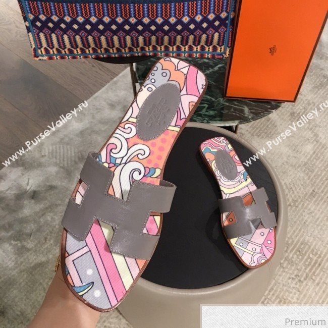 Hermes Oran Slide Flat Sandals on Print Insole Grey 2019 (KL-9031119)