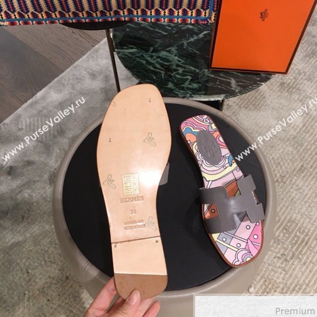 Hermes Oran Slide Flat Sandals on Print Insole Grey 2019 (KL-9031119)